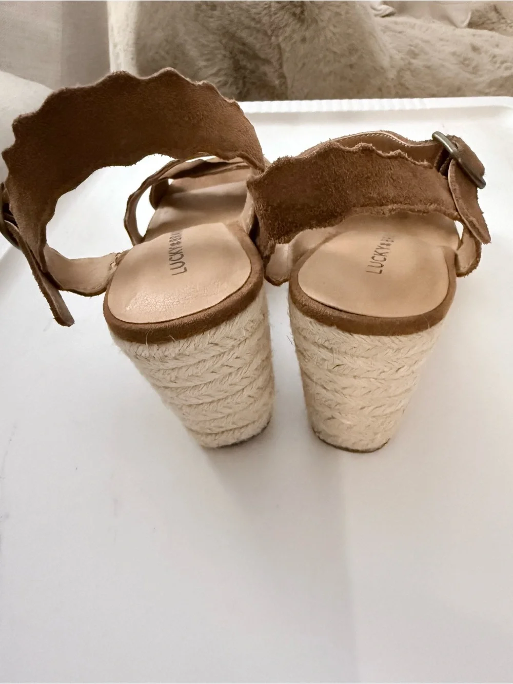 Lucky Brand Brown Suede Scalloped Wedge Sandals